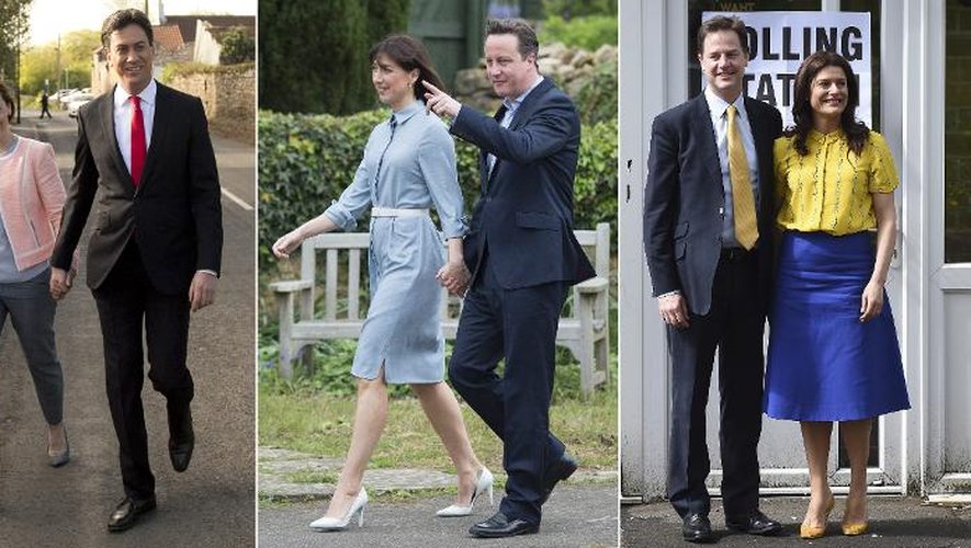 Photo montage figurant Ed Miliband, David Cameron, Nick Clegg allant voter jeudi accompagnés par leurs épouses (de G à D)