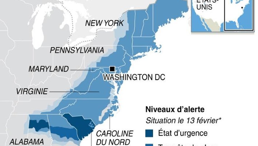 Carte de localisation des états de la côte est américaine touchée par une tempête de glace jeudi
