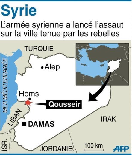Carte de localisation de la ville rebelle de Qousseir, que l'armée syrienne a prise d'assaut dimanche