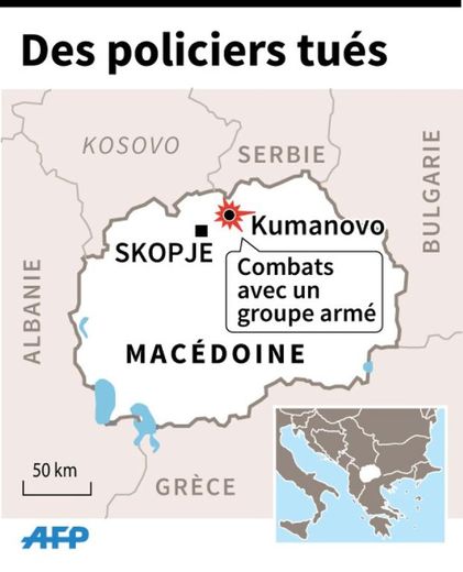 Carte de Macédoine localisant Kumanovo où des combats entre les forces de l'ordre et un groupe armé ont fait plusieurs morts