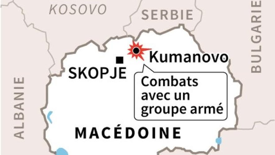 Carte de Macédoine localisant Kumanovo où des combats entre les forces de l'ordre et un groupe armé ont fait plusieurs morts