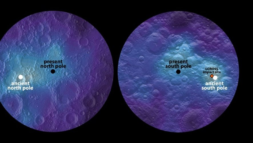 Image fournie le 23 mars 2016 par la revue Nature montrant les différents pôles de la Lune