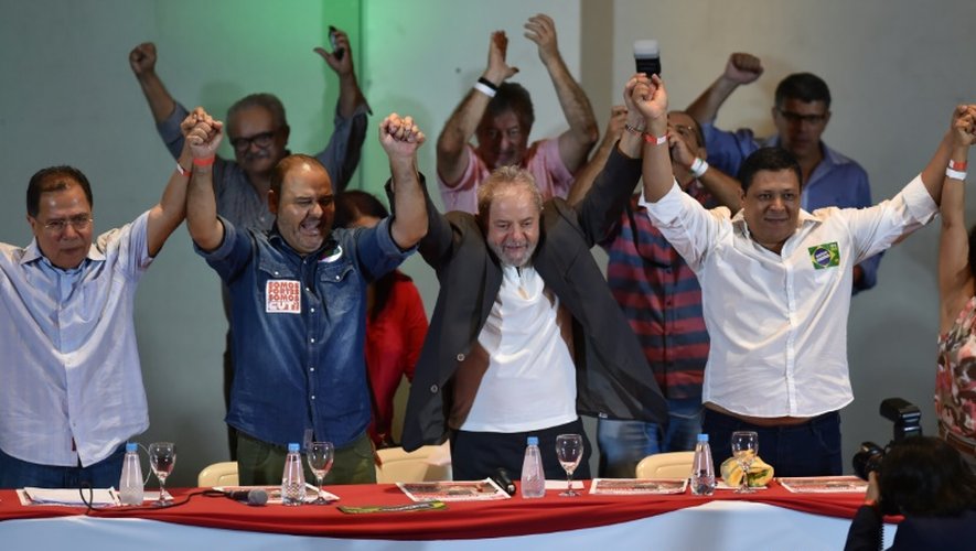 L'ex-président brésilien Luiz Inacio Lula da Silva lors d'une rencontre nationale avec des syndicalistes, le 23 mars 2016 à Sao Paulo