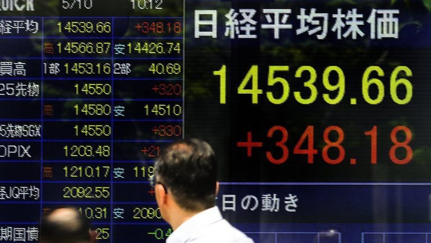 Des Japonais passent devant un tableau avec les indices de la Bourse de Tokyo