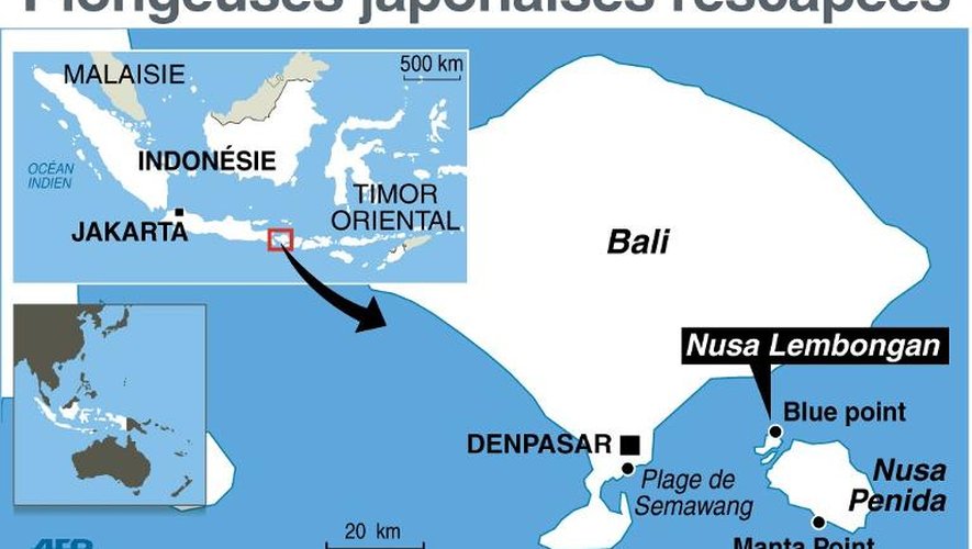 Carte de localisation des îles près de Bali où avaient disparu des plongeuses japonaises