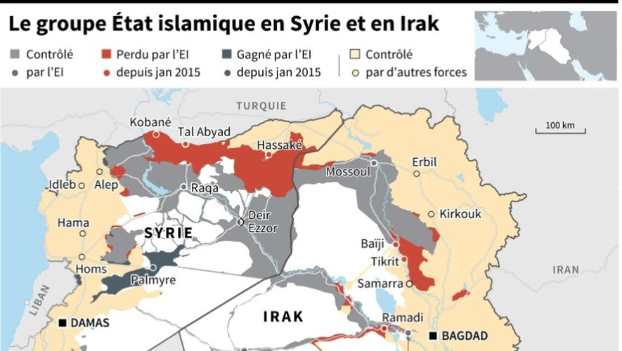 Carte de la Syrie et de l'Irak montrant les zones contrôlées, gagnées ou perdues par le groupe Etat islamique depuis janvier 2015