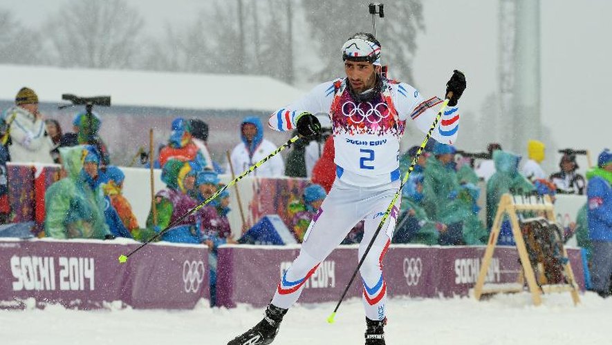 Le Français Martin Fourcade dans la mass start de biathlon des JO de Sotchi, le 18 février 2014 sur le complexe olympique de Laura à Rosa Khoutor