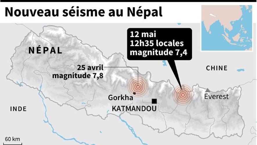 Carte de localisation de l'épicentre du séisme du 12 mai 2015 au Népal