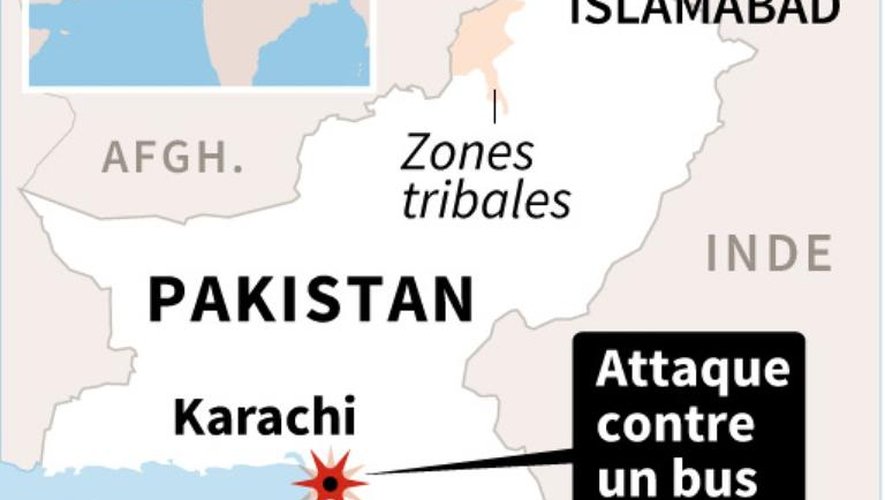 Carte de localisation de l'attaque au Pakistan contre un autocar transportant des musulmans de la minorité chiite