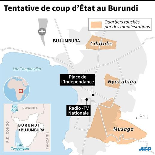 Localisation de Bujumbura et des quartiers où ont lieu des manifestations