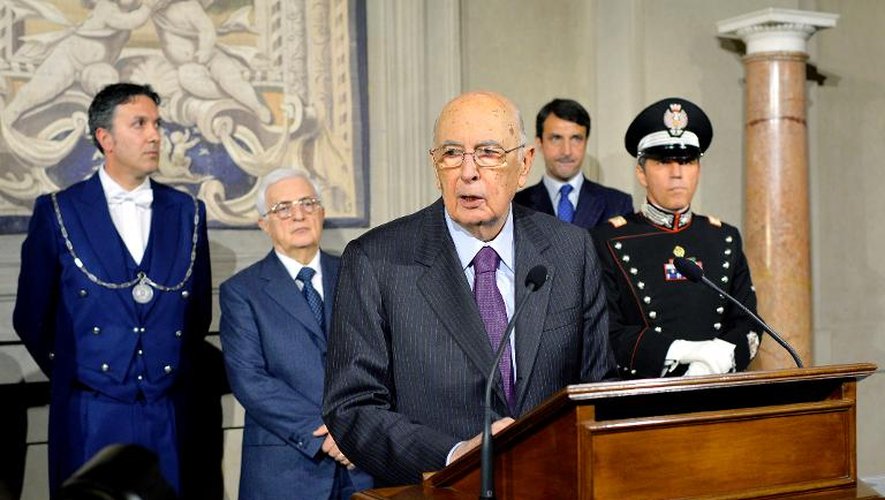Le président italien Giorgio Napolitano lors d'une conférence de presse après l'annonce du nouveau gouvernement de Matteo Renzi, le 21 février 2014 à Rome