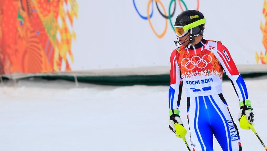 Alexis Pinturault à la fin de la première manche du slalom de ski alpin à Rosa Khoutor, le 22 février 2014