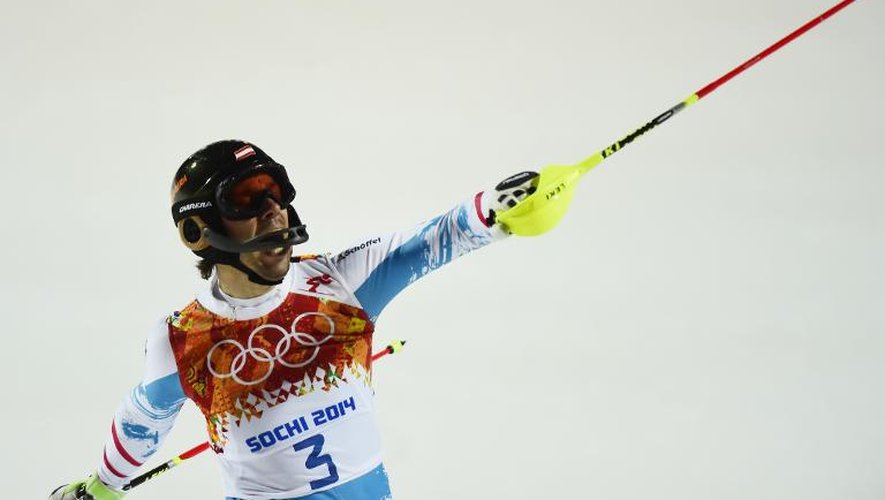 L'Autrichien Mario Matt réagit à sa victoire dans le slalom, le 22 février 2014 à Rosa Khoutor