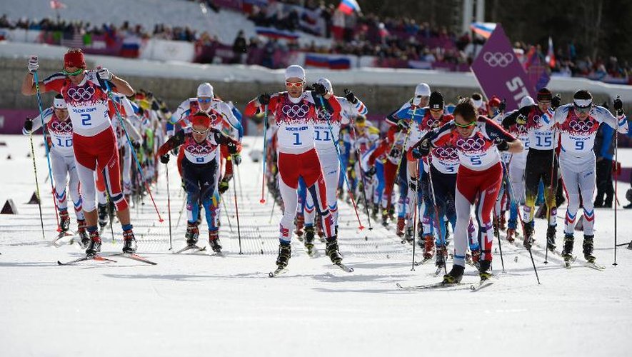 Les athlètes au départ du 50 km de ski de fond, le 23 février 2014 à Sotchi