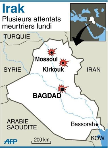 Localisation des attentats qui ont touché Bagdad, Kirkouk et Mossoul lundi