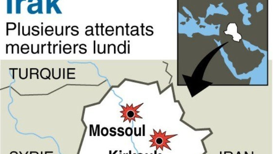 Localisation des attentats qui ont touché Bagdad, Kirkouk et Mossoul lundi