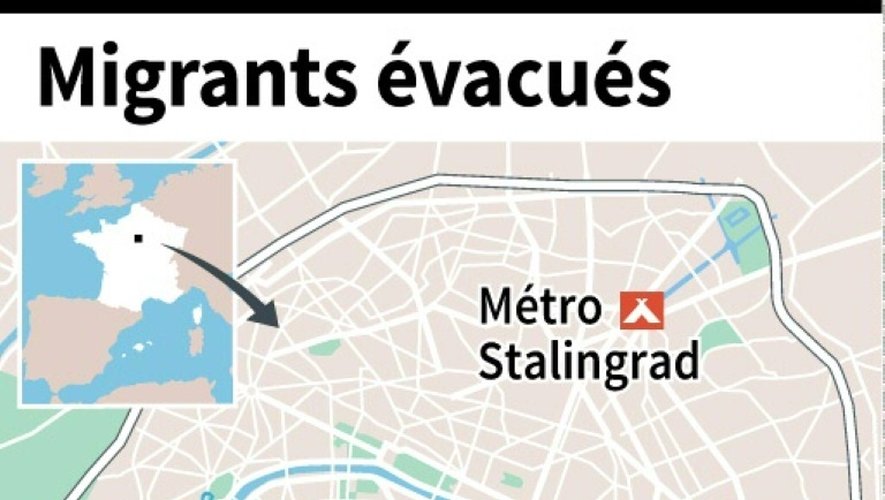 Carte de localisation du camp de migrants évacué à la station Stalingrad à Paris