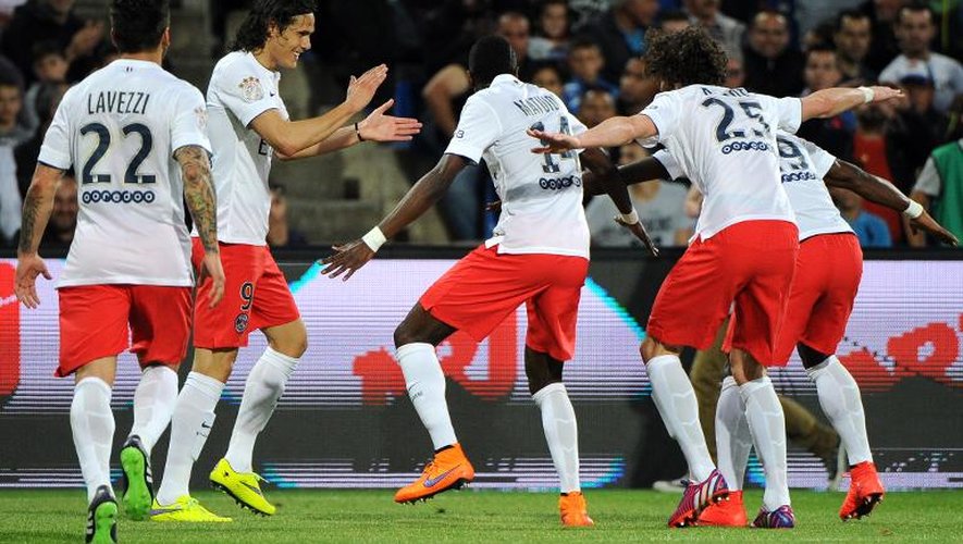 La joie des joueurs du PSG après le but de Blaise Matuidi contre Montpellier, le 16 mai 2015  aus stade de la Mosson