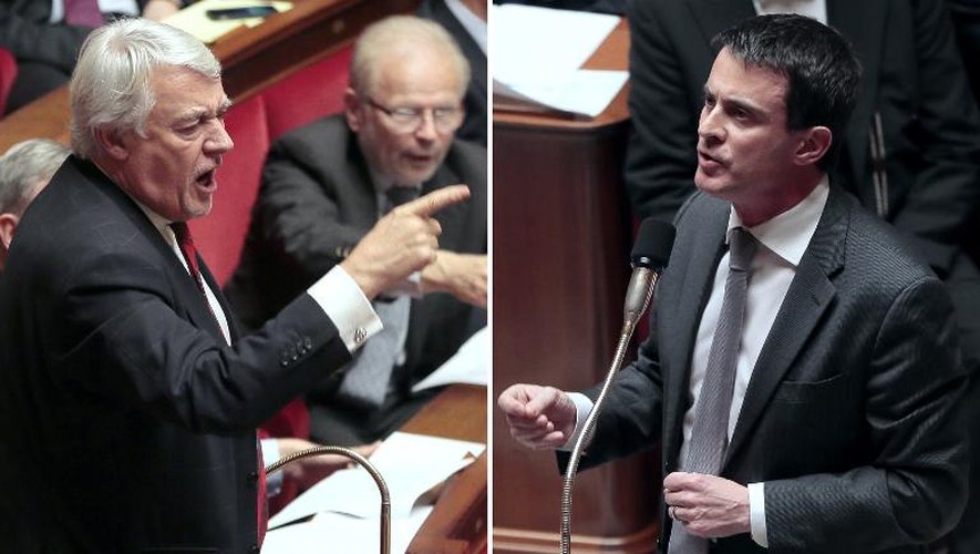 Montage photo assemblant deux clichés de la séance houleuse au parlement du 25 février 2014, montrant à gauche le député UMP Claude Goasguen réagissant avec virulence aux propos du ministre de l'Intérieur (à droite) Manuel Valls