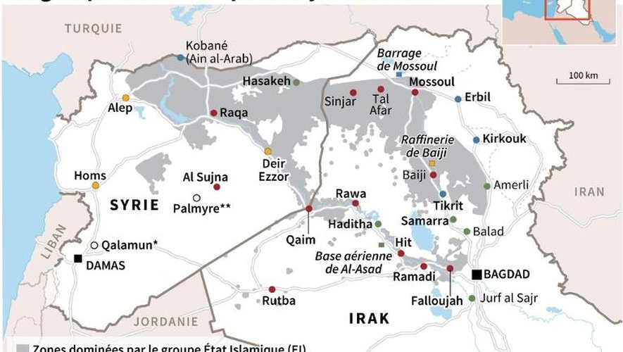 Carte de la Syrie et de l'Irak avec les villes et les zones contrôlées par l'EI