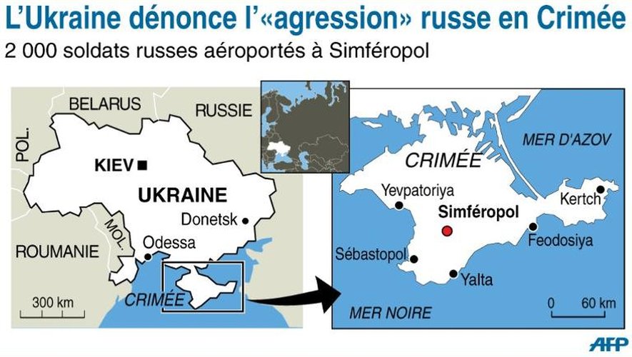 Carte de la péninsule de Crimée en Ukraine, où deux mille soldats russes auraient été transportés à Simféropol