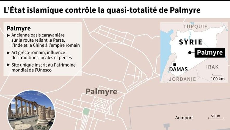 Localisation de l'avancée des jihadistes de l'EI dans Palmyre et données sur la ville
