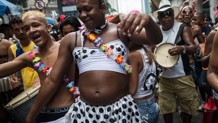 Des Brésiliens dansent et chantent sous l'égide de Bola Preta, l'un des plus grands "blocs" de carnaval du monde dans un tonnerre de décibels à Rio de Janeiro le 1er mars 2014