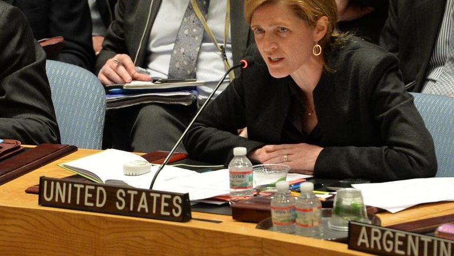 Samantha Power, l'ambassadrice américaine à l'Onu, lors d'une réunion du conseil de sécurité le 1er mars 2014 à New York