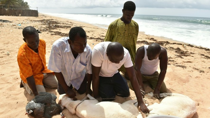 Des animaux sont sacrifiés par des membres d'une Eglise locale sur la plage de Grand-Bassam en Côte d'Ivoire, le 1er avril 2016