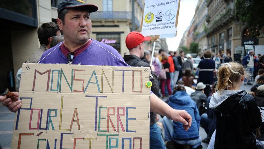 Un panneau avec le slogan "Monsanto pour la terre c'en est trop" dans une manifestation contre Monsanto et les OGM à Toulouse le 23 mai 2013