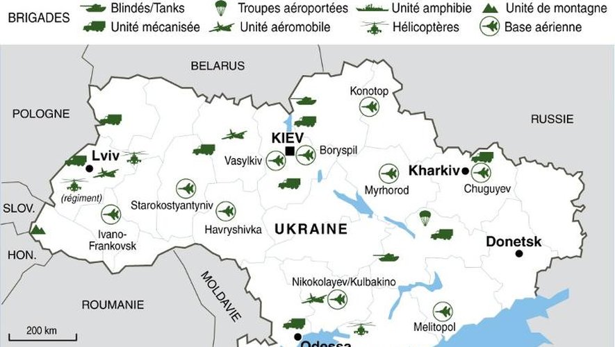 Carte de localisation des principales bases des forces armées en Ukraine