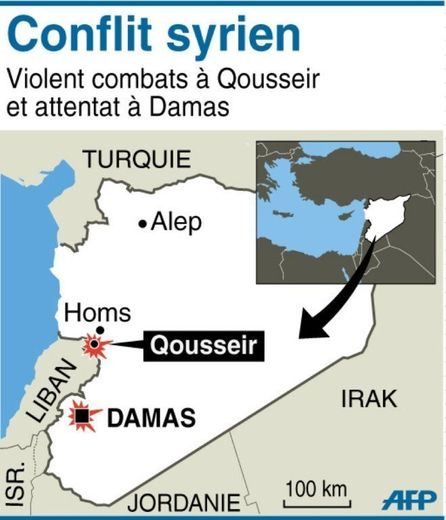 Carte de localisation des combats à Qousseir et d'un attentat à Damas
