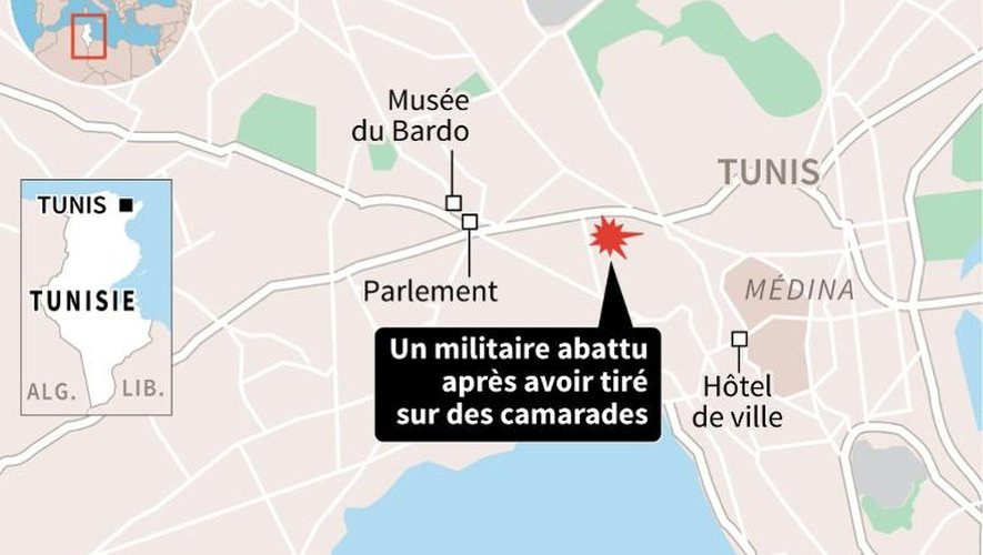 Carte de localisation d'une fusillade dans une caserne de Tunis