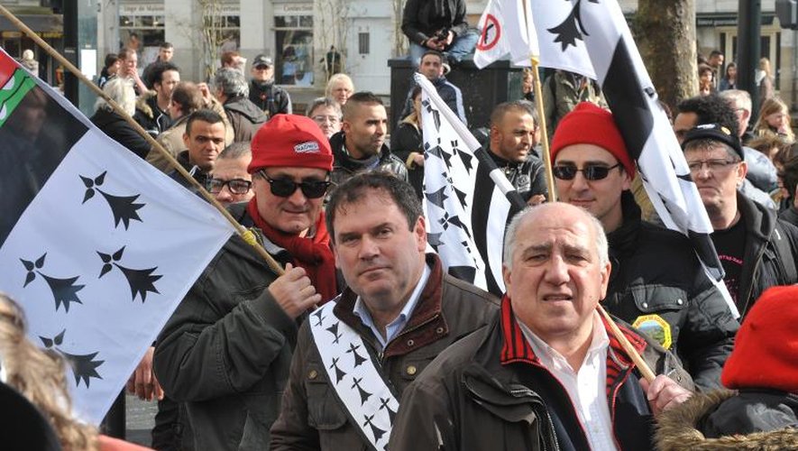 Le maire de Carhaiux et chef de file des Bonnets rouges Christian Troadec participe à la manifestation contre l'aéroport Notre-Dame-des-Landes, le 22 février 2014 à Nantes