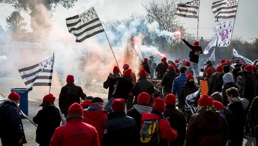 Manifestation de "Bonnets rouges" sur une autoroute près de Brech, dans le Morbihan, contre l'écotaxe, le 15 février 2014
