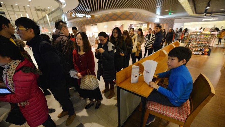 Des gens font la queue pour pouvoir contempler des tableaux de Claude Monet exposés dans un centre commercial de Shanghai, le 8 mars 2014