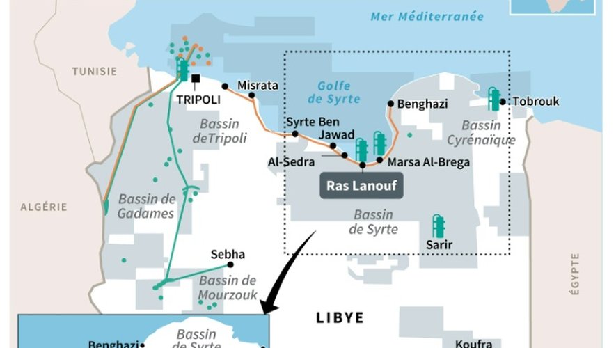 Carte de localisation des installations pétrolières et gazières en Libye et celle attaquée par le groupe Etat islamique en janvier à Ras Lanouf