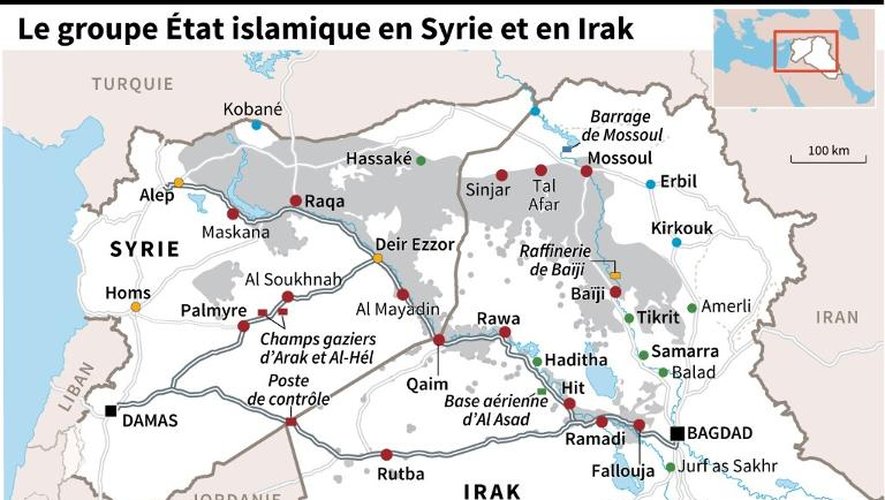 Carte de Syrie et d'Irak, avec les villes et les zones contrôlées par le groupe État islamique