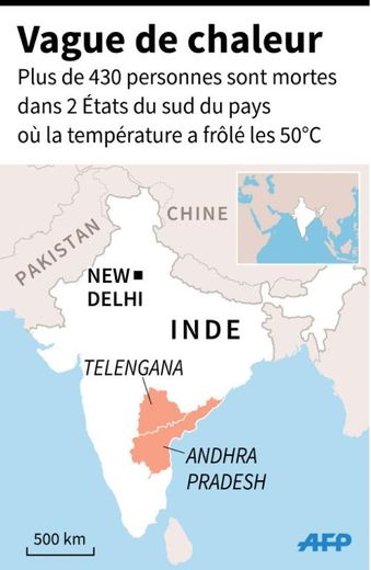 Carte des 2 états en Inde où plus de 430 personnes sont mortes suite à une vague de chaleur