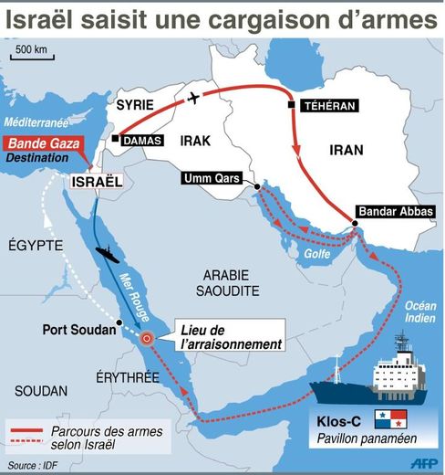 Parcours d'une cargaison "d'armes iraniennes" interceptée par l'armée israélienne en mer Rouge