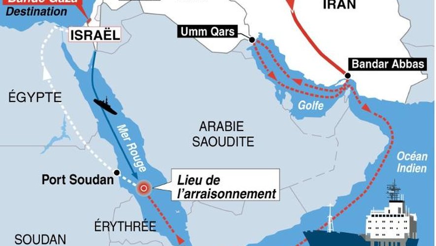 Parcours d'une cargaison "d'armes iraniennes" interceptée par l'armée israélienne en mer Rouge