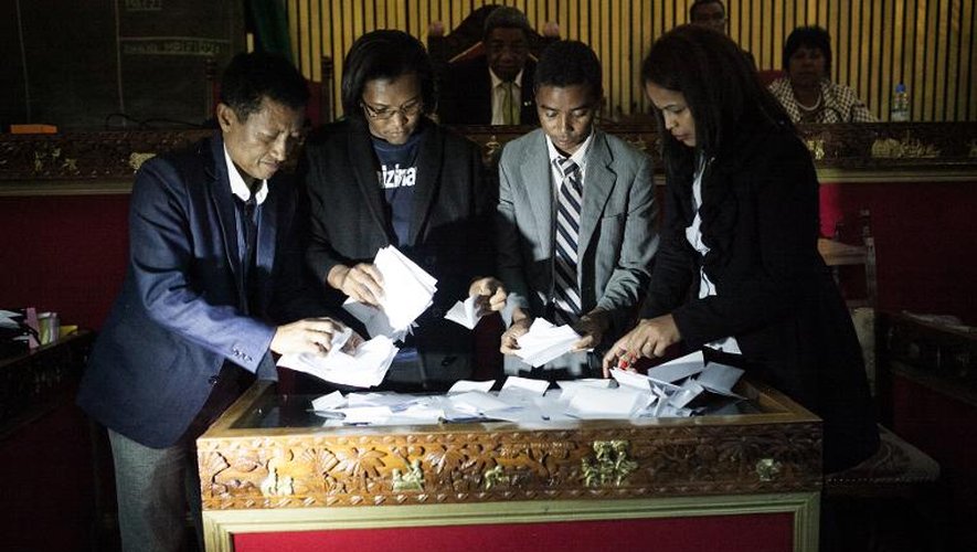 Décompte des voix après le vote à la chambre des députés malgaches sur la destitution du président Hery Rajaonarimampianina le 26 mai 2015 à Antananarivo
