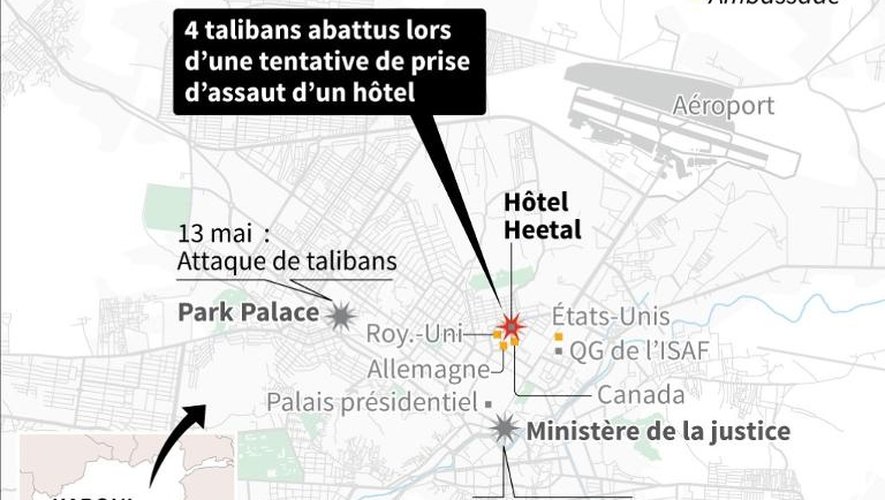 Carte de localisation de l'attaque de talibans sur un hôtel à Kaboul
