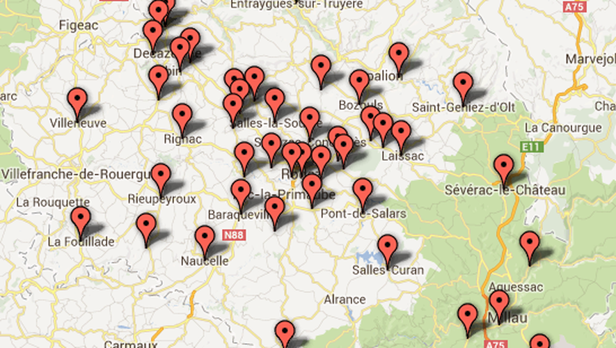La carte des 49 communes aveyronnaises impactées par la loi Valls.