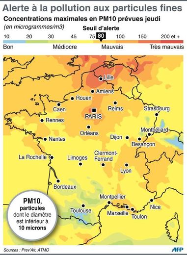 Carte de localisation des zones en alerte à la pollution aux particules fines en France