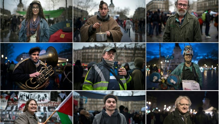 Montage de portraits de plusieurs adeptes de la "Nuit debout" le 6 mars 2016 place de la République à Paris
