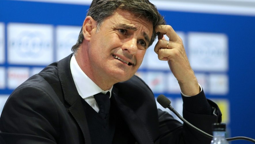 L'entraîneur de Marseille Michel en conférence de presse après la défaite face à Bastia, le 3 avril 2016 au stade Armand Cesari