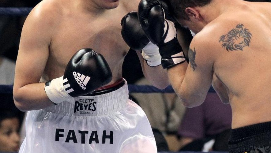 Le boxeur français Fatah Hou (g) à la lutte contre Maksims Ivancikovs durant un championnat du monde poids lourds, le 9 avril 2010, à Massy dans l'Essonne