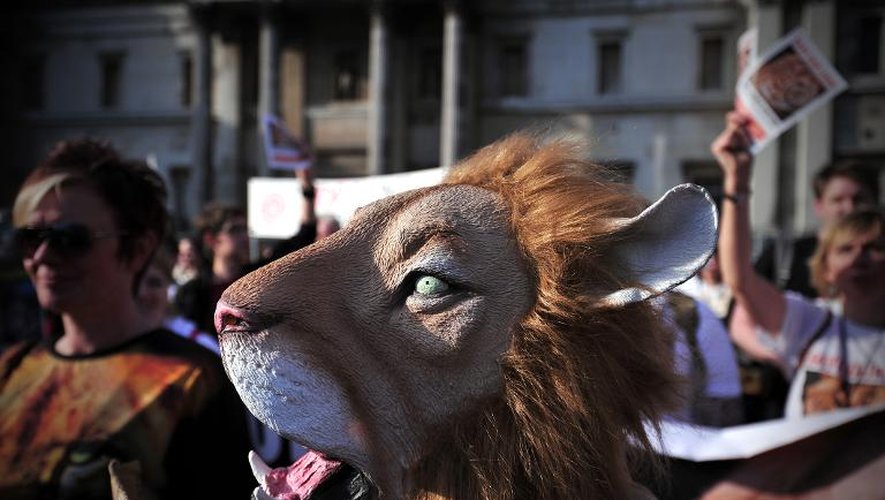 Un manifestant revêt un masque de lion lors d'une manifestation contre la "chasse en conserve" le 15 mars 2014 à Londres