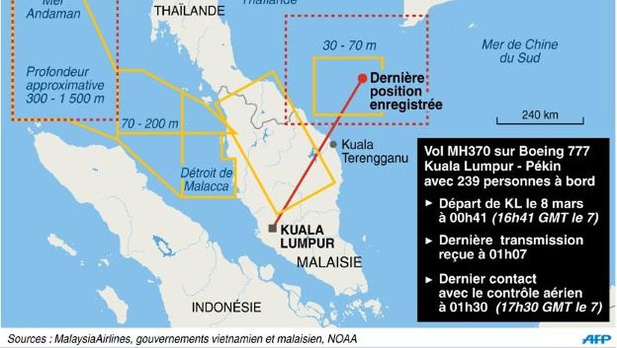 Croquis faisant le point le 14 mars 2014 des recherches du Boeing disparu de la Malaysia Airlines